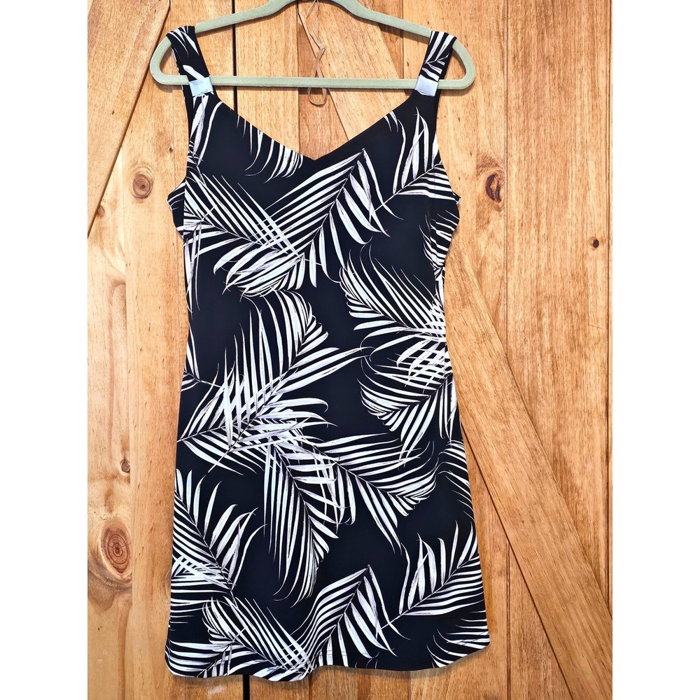Slinky Stretch Tropical Palms Lined Mini Dress Womens M Black Mini V-Neck #777